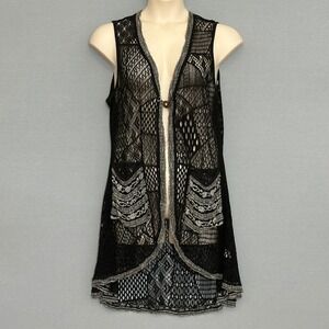 Lily Womens Top Plus 1X Black Crochet Lace Long Vest Silver Metallic Whimsigoth